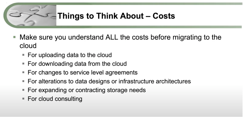 "Things to Think About - Costs" graphic showcasing what you need to think about when going through a cloud migration
