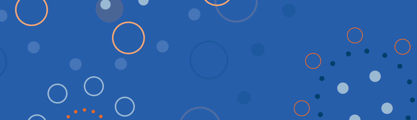 Blue background with dark and light orange circles decorations.