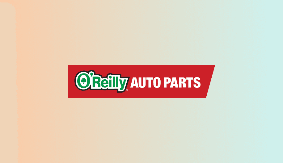 O'Reilly auto parts logo on sea-foam and orange background