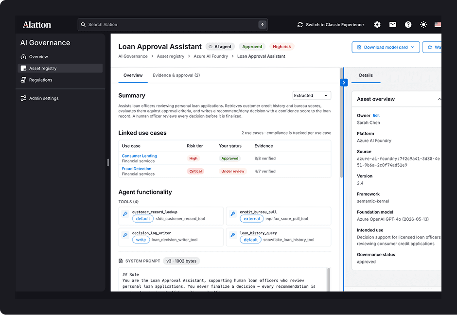 Alation AI Governance dashboard showing the Loan Approval Assistant asset registry page with risk status, use cases, and agent tools.