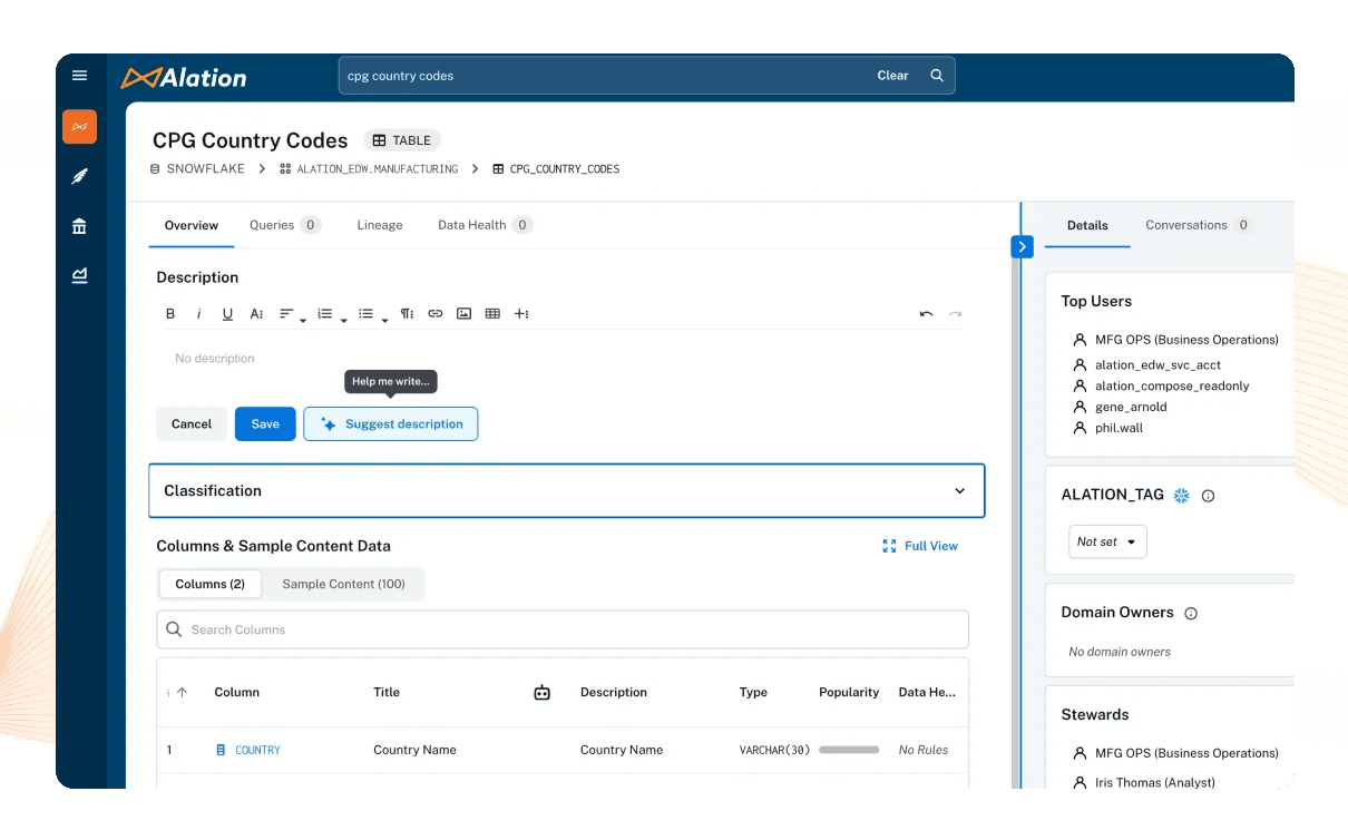 Alation Documentation Agent description suggestion feature