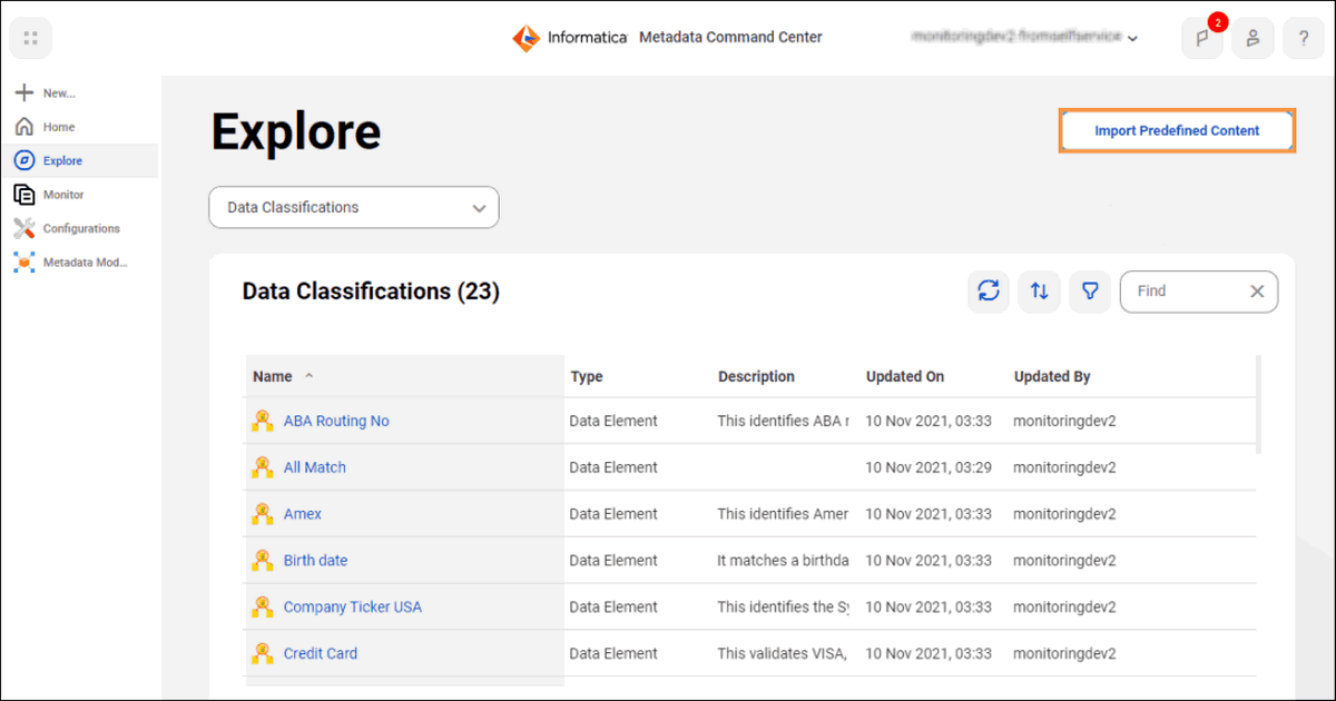 Informatica’s Metadata Command Center shows data classifications and types.