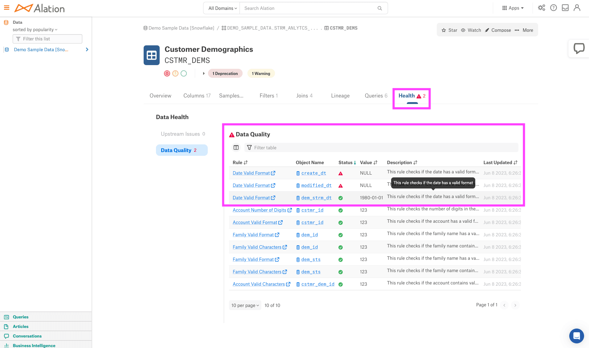 Image showing the rules that determine a data asset's relative health as it relates to data quality