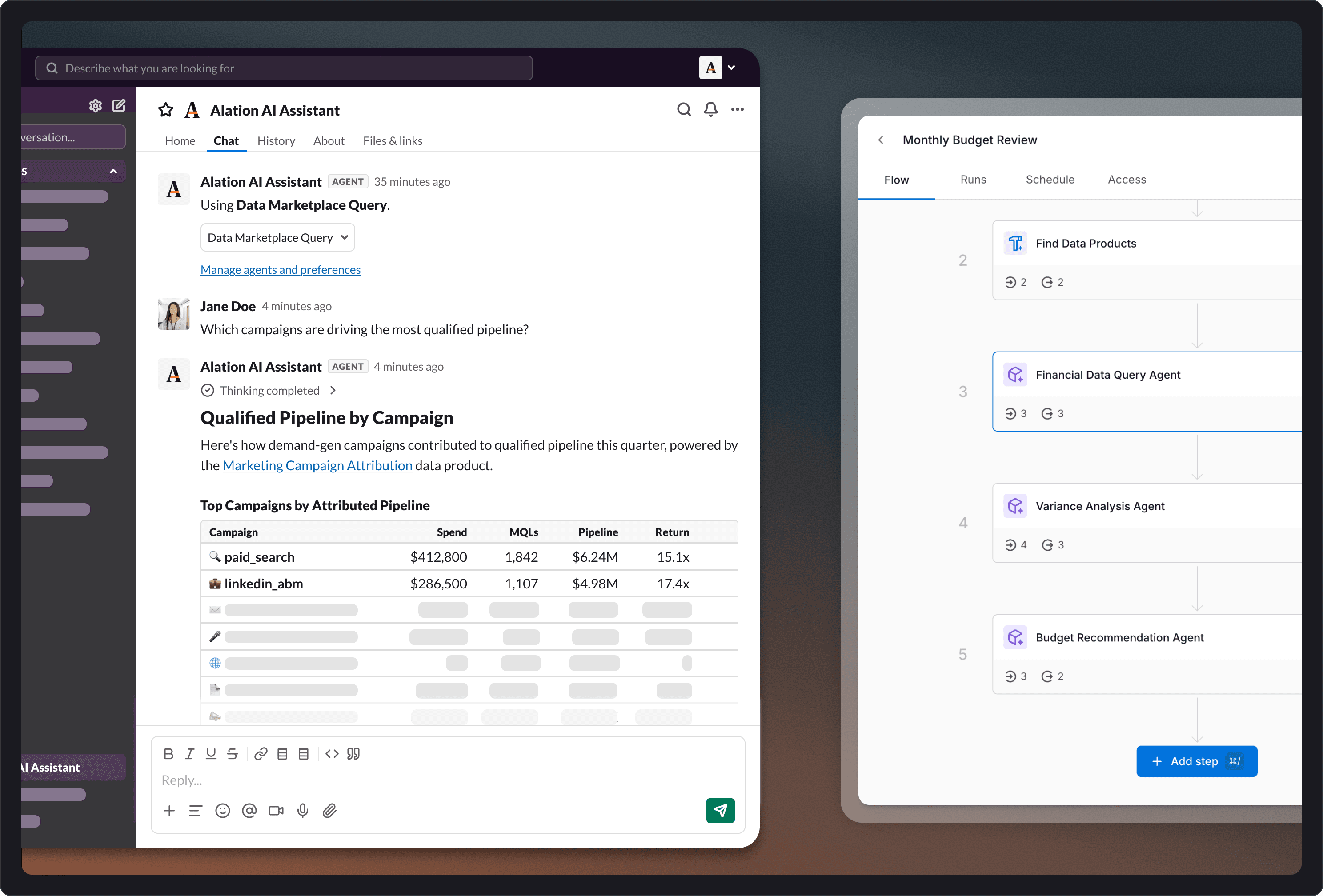 Alation AI Assistant chat showing campaign pipeline data alongside a Monthly Budget Review workflow with AI agents.