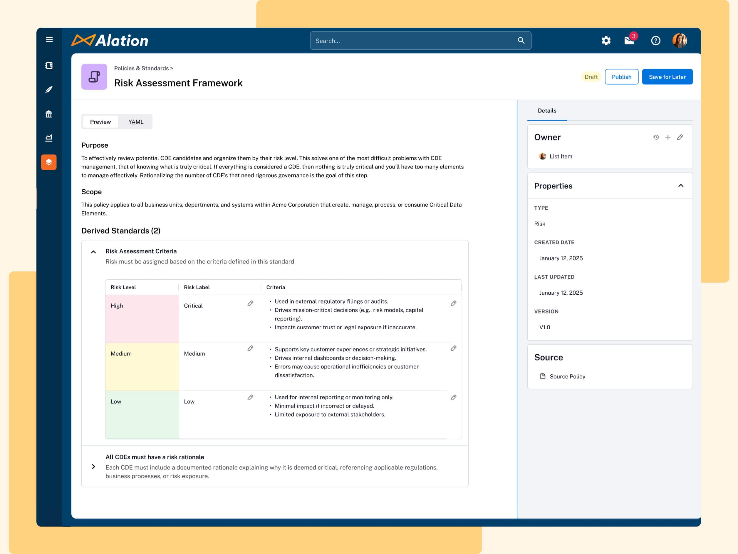 Alation interface showing Risk Assessment Framework document with risk criteria table categorizing high, medium, and low risk levels.
