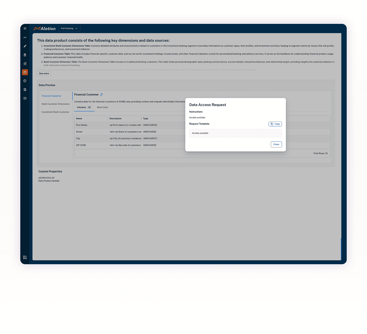 Alation data marketplace interface showing Investment Banking Core Data product with dimensions, data preview, and contact information.