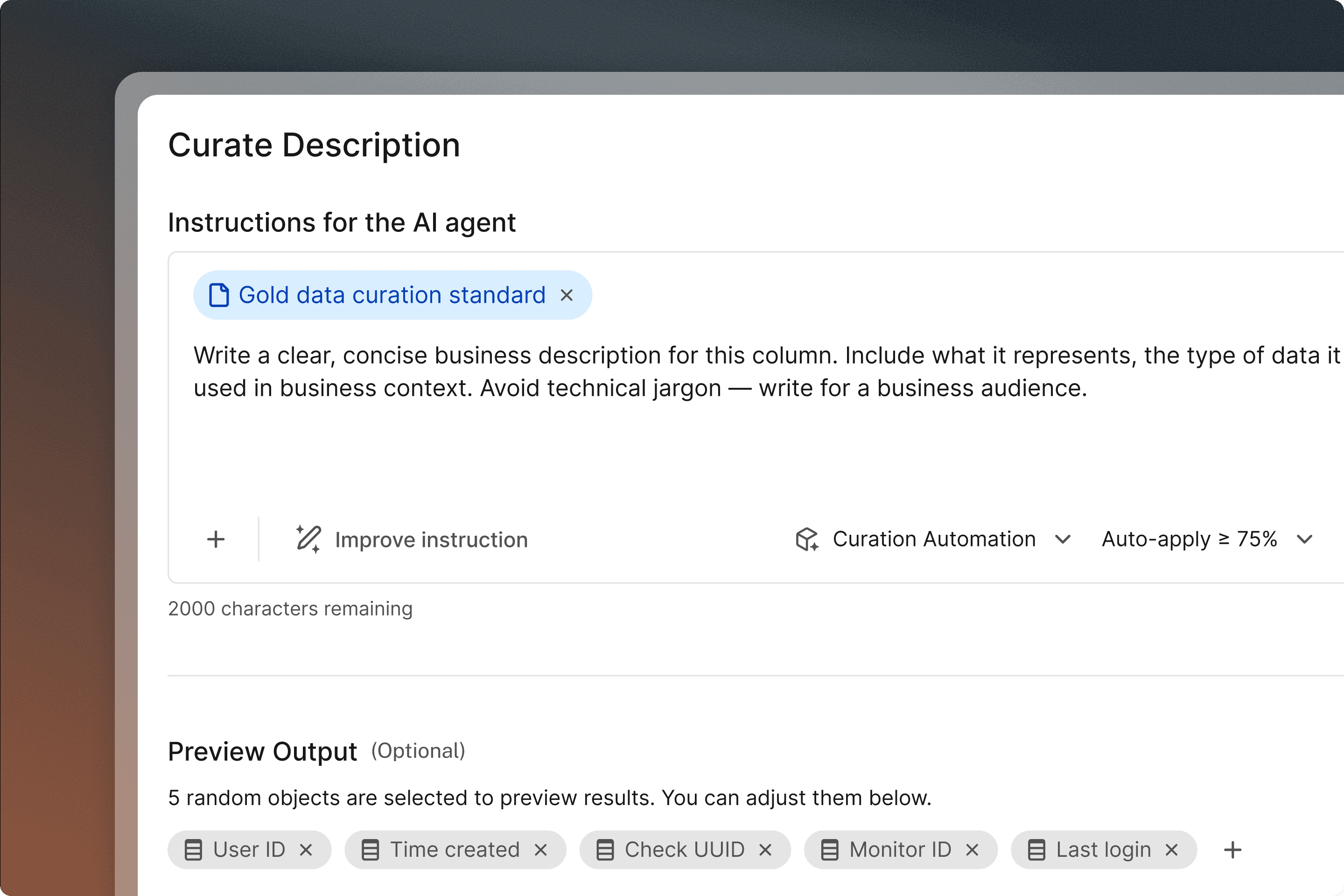 A UI panel showing "Curate Description" settings with AI agent instructions, curation automation options, and preview output fields.