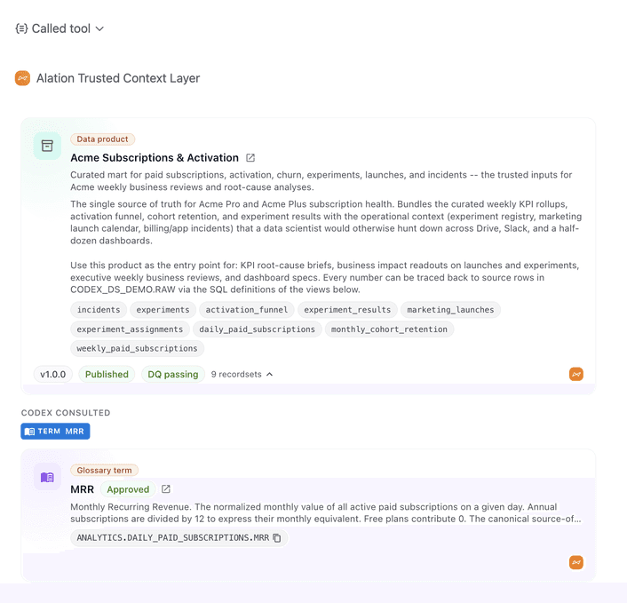 Alation in Codex: data product, glossary term
