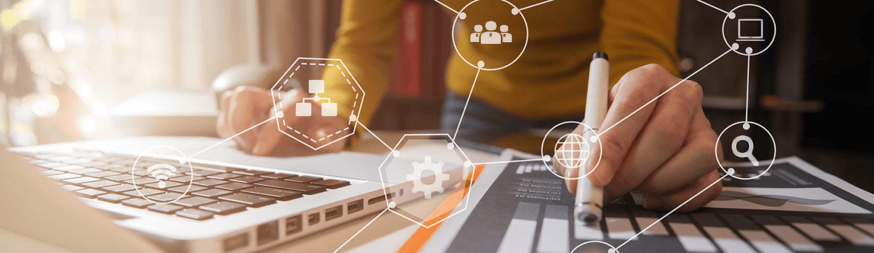 A graphic featuring a customer wanting to use data to boost her experience while she sits at her desk with a calculator, an ipad, and her opened laptop while different connected symbols overlay the image