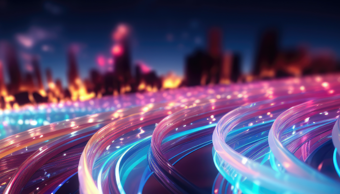 Abstract image depicting swirling neon light streams representing data flow in an API framework.