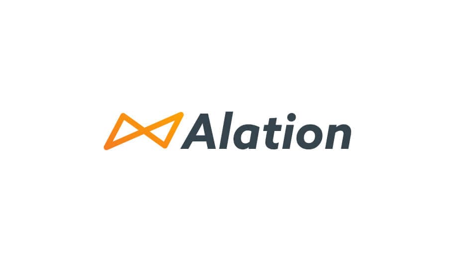 Alation logo featuring an orange geometric symbol resembling a bowtie next to dark gray text spelling "Alation"