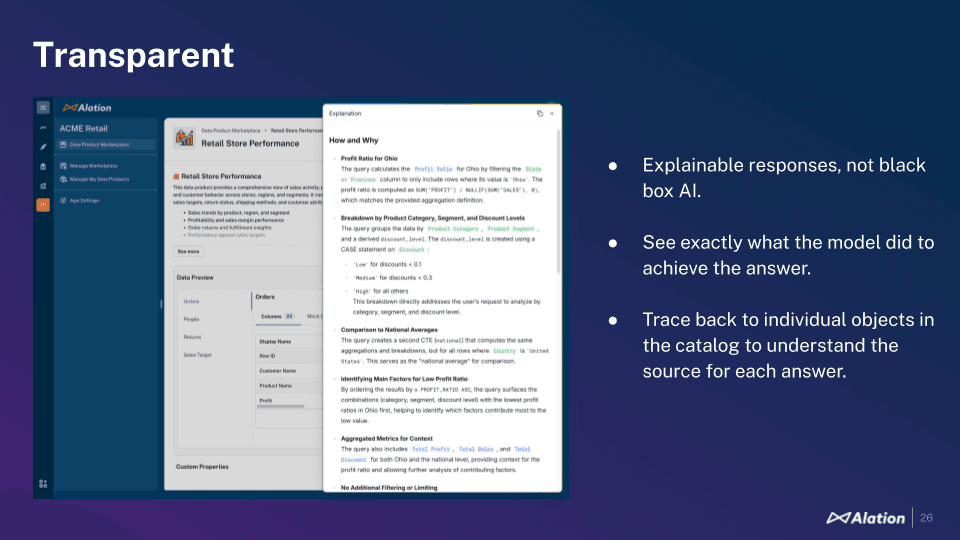 Alation chat with your data unique feature: TRANSPARENT