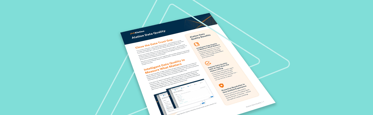 Alation Data Quality brochure on teal background highlighting data trust gap solutions and quality measurement features.
