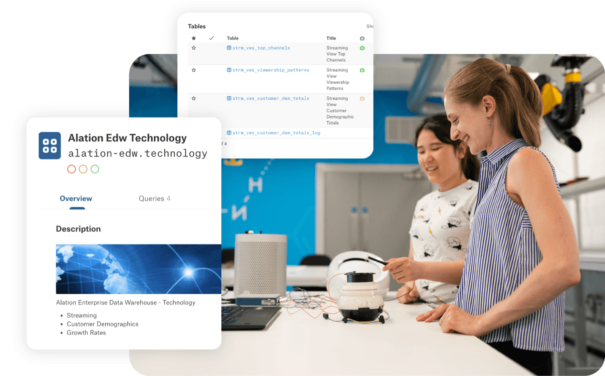 Hero image for Alations technology industry poage showing tech users with an overlay of the Alation product