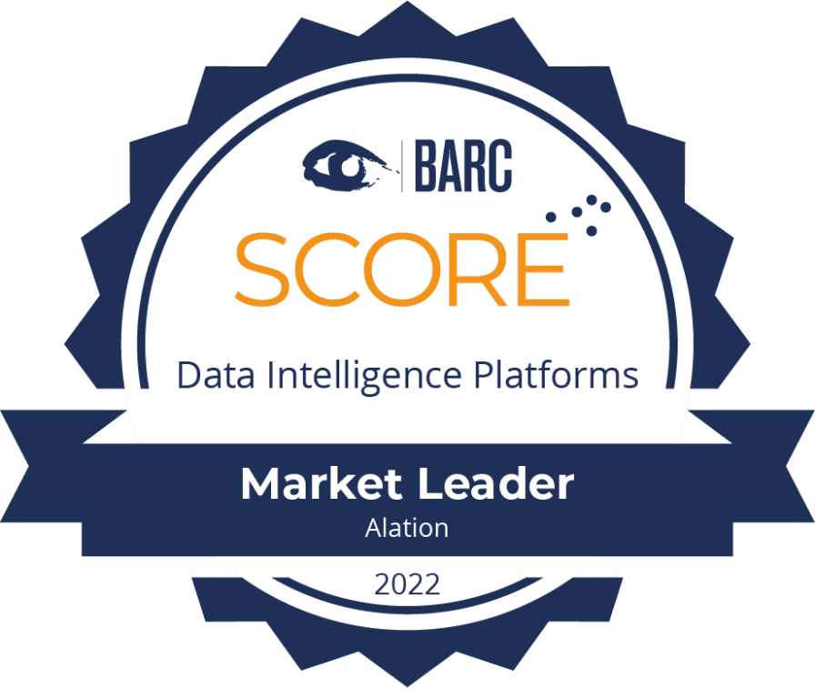 BARC Score Badge naming Alation a Market Leader 2022