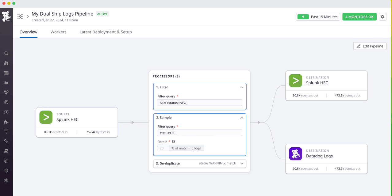 Datadog observability view showing dual ship logs