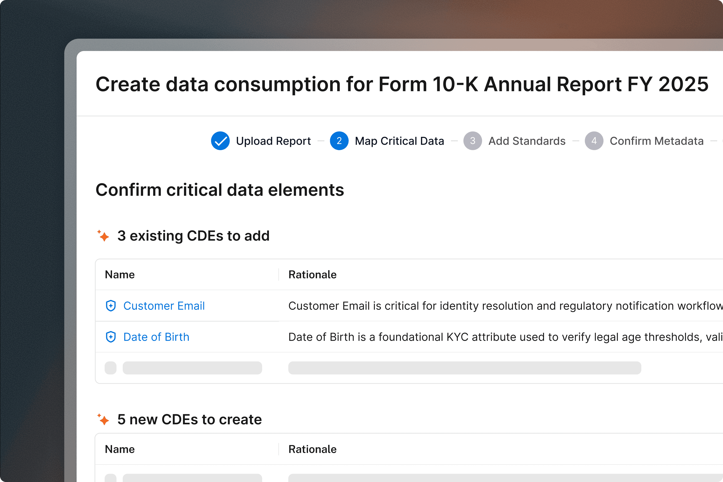 A data consumption setup screen for Form 10-K Annual Report FY 2025, showing critical data elements mapping step.