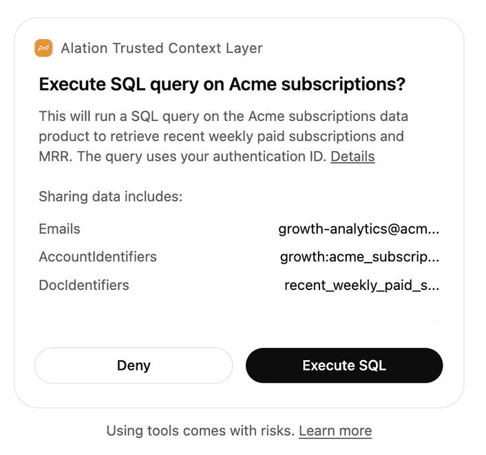 Alation Trusted Context Layer in Codex tool call screen