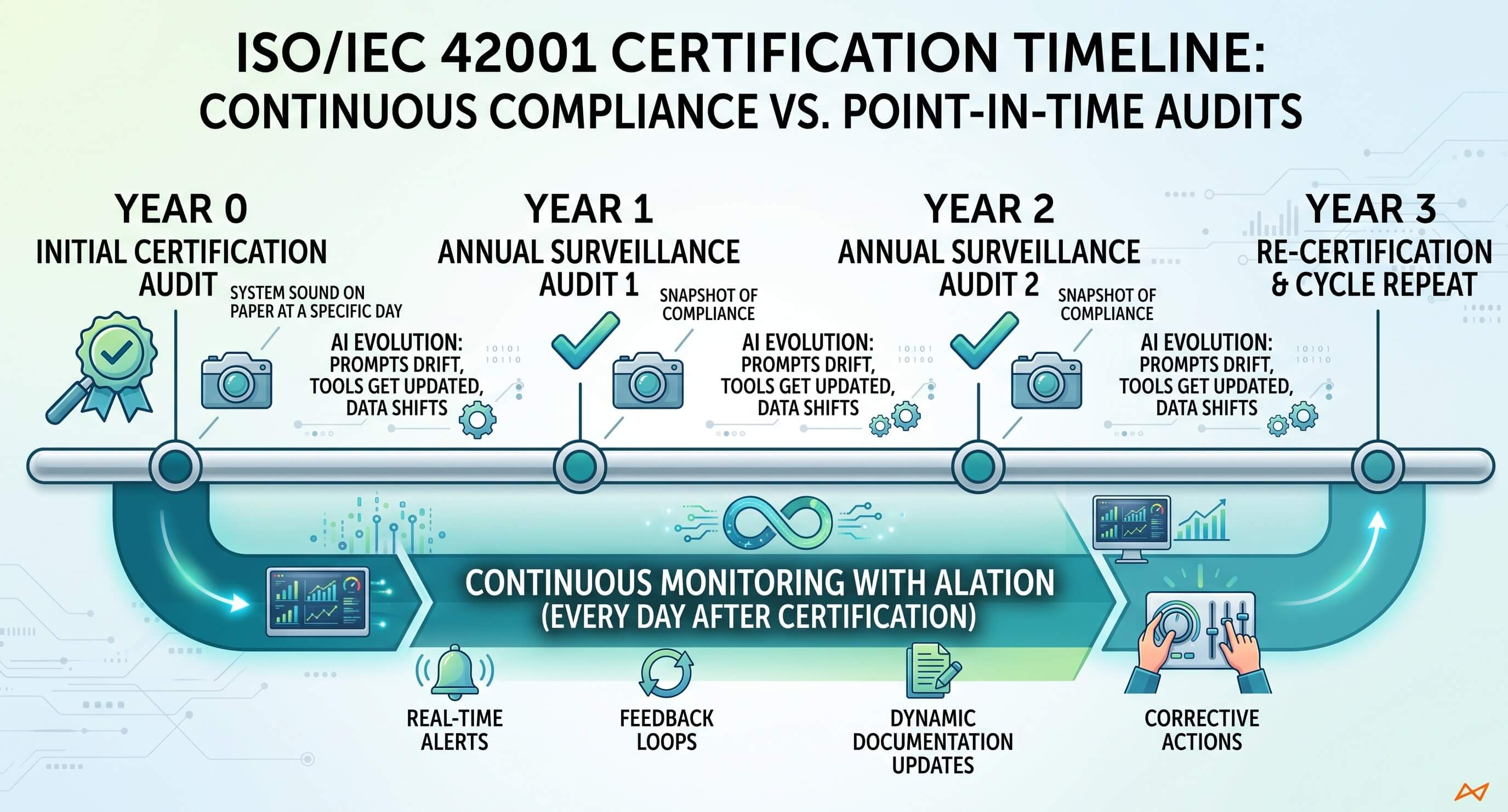 Timeline showing ISO 42001 three-year certification cycle with annual surveillance audits as single checkpoints, contrasted with a continuous band representing ongoing monitoring with Alation