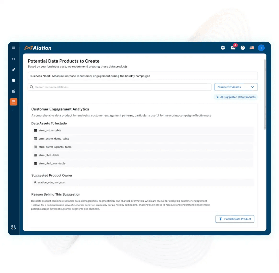 A screenshot of Alation’s interface for Data Products Builder, which recommends potential data products