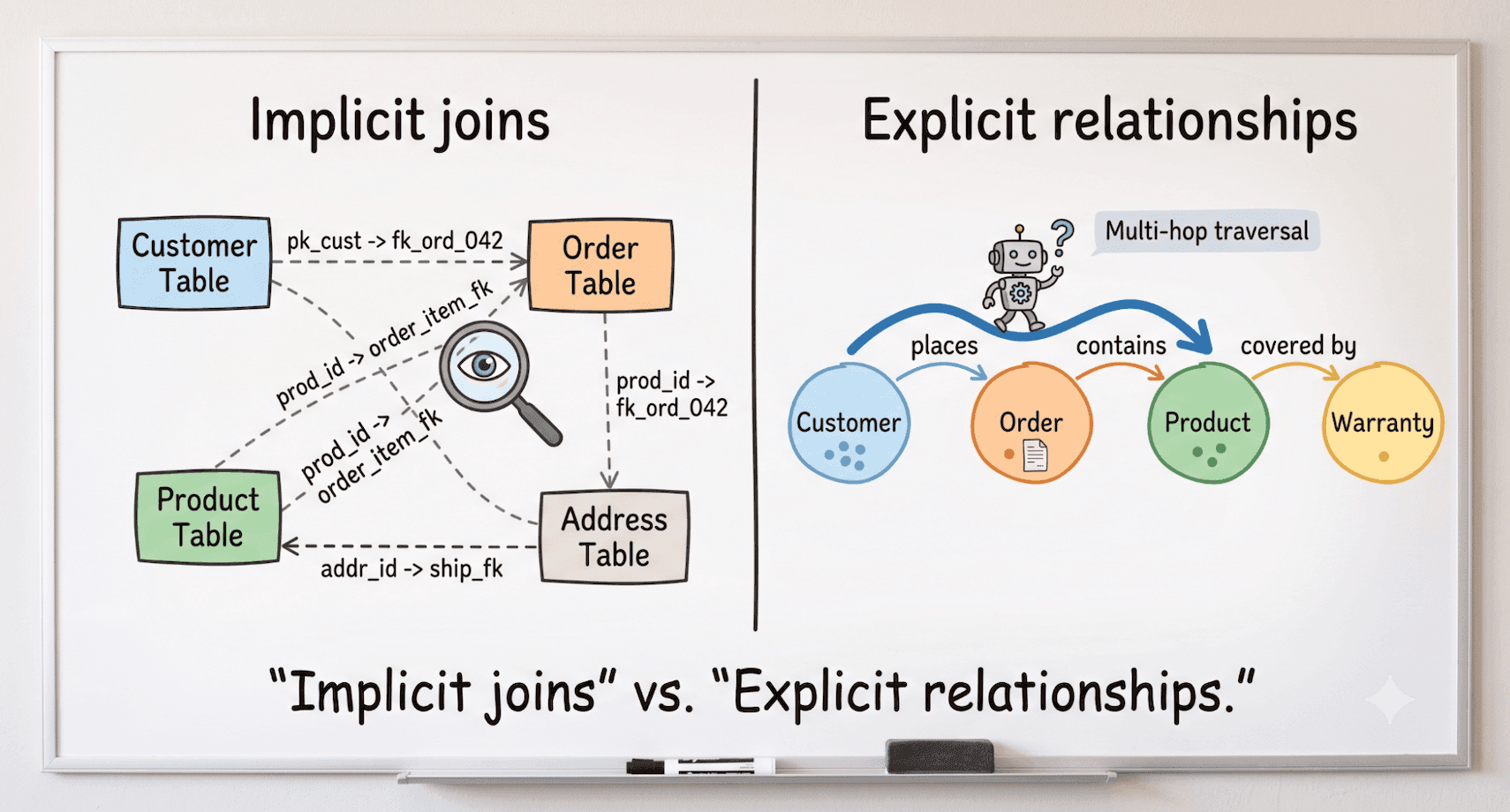 Knowledge graph whiteboard illustration: implicit joins vs explicit relationships