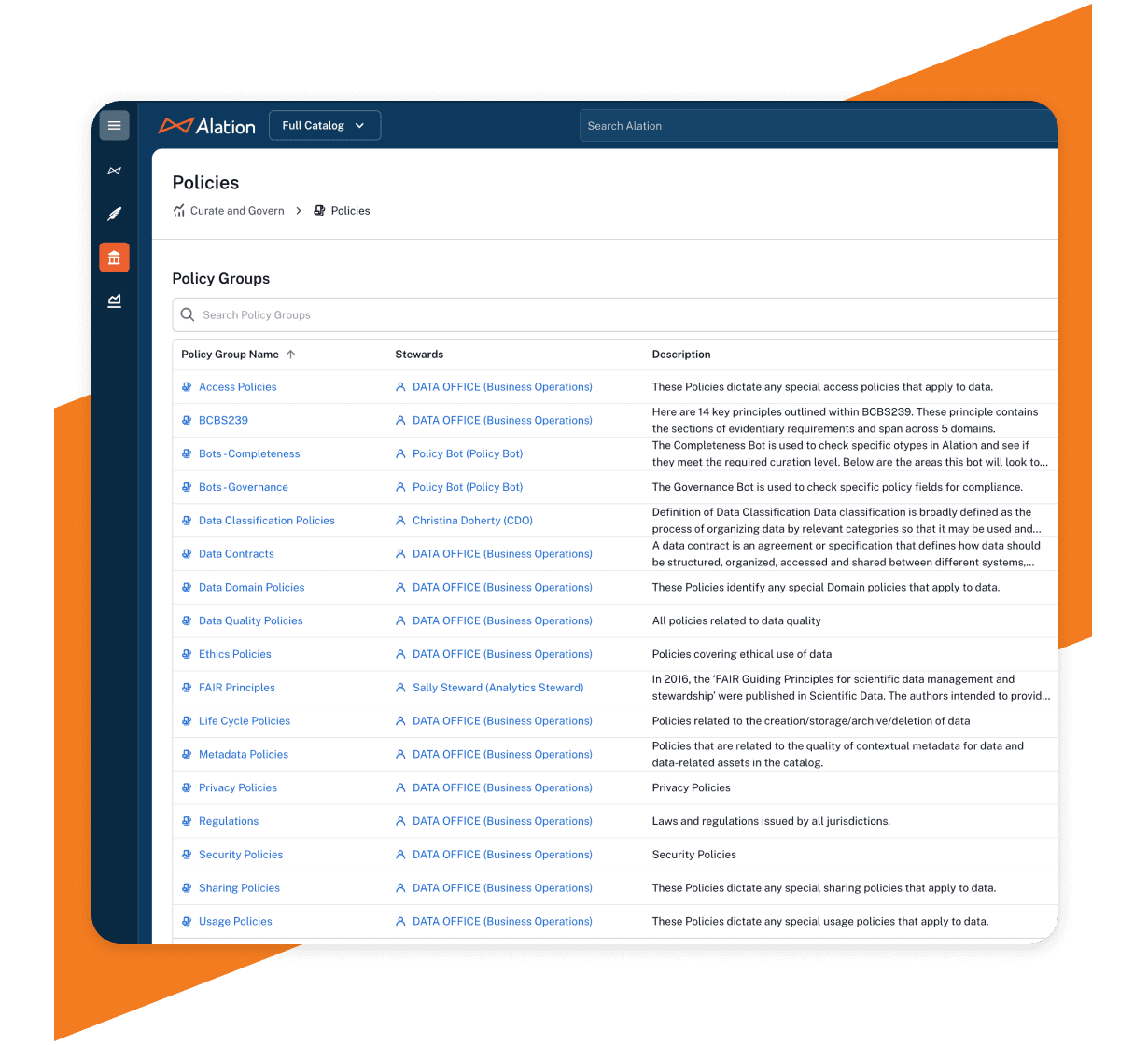 Product image showing a policy center in the Alation platform and highlighting how connecting your Salesforce Data Cloud instance helps to guide people to work with data securely