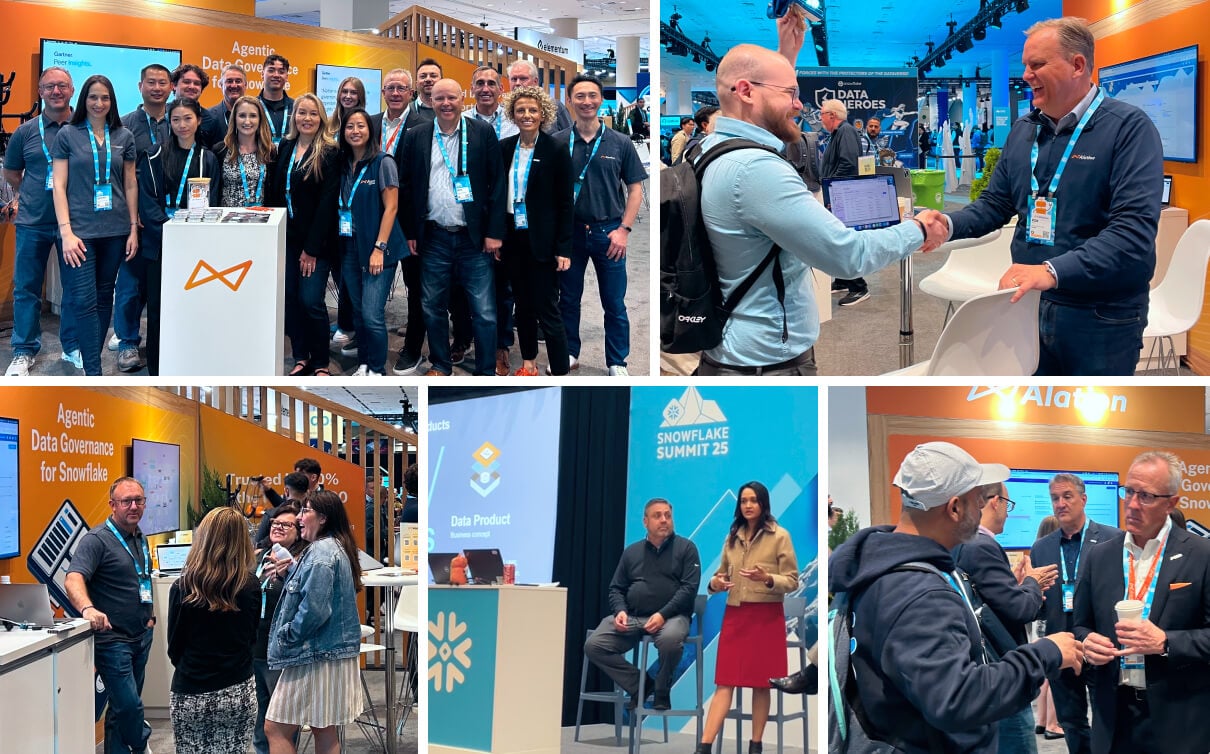 Collage of Agentic team and interactions at Snowflake Summit conference, featuring booth displays, presentations, and networking.