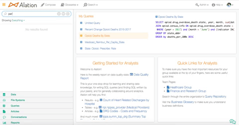 Gif showing how you can search across all the catalogued assets to see if you can find the right query to help with your analysis