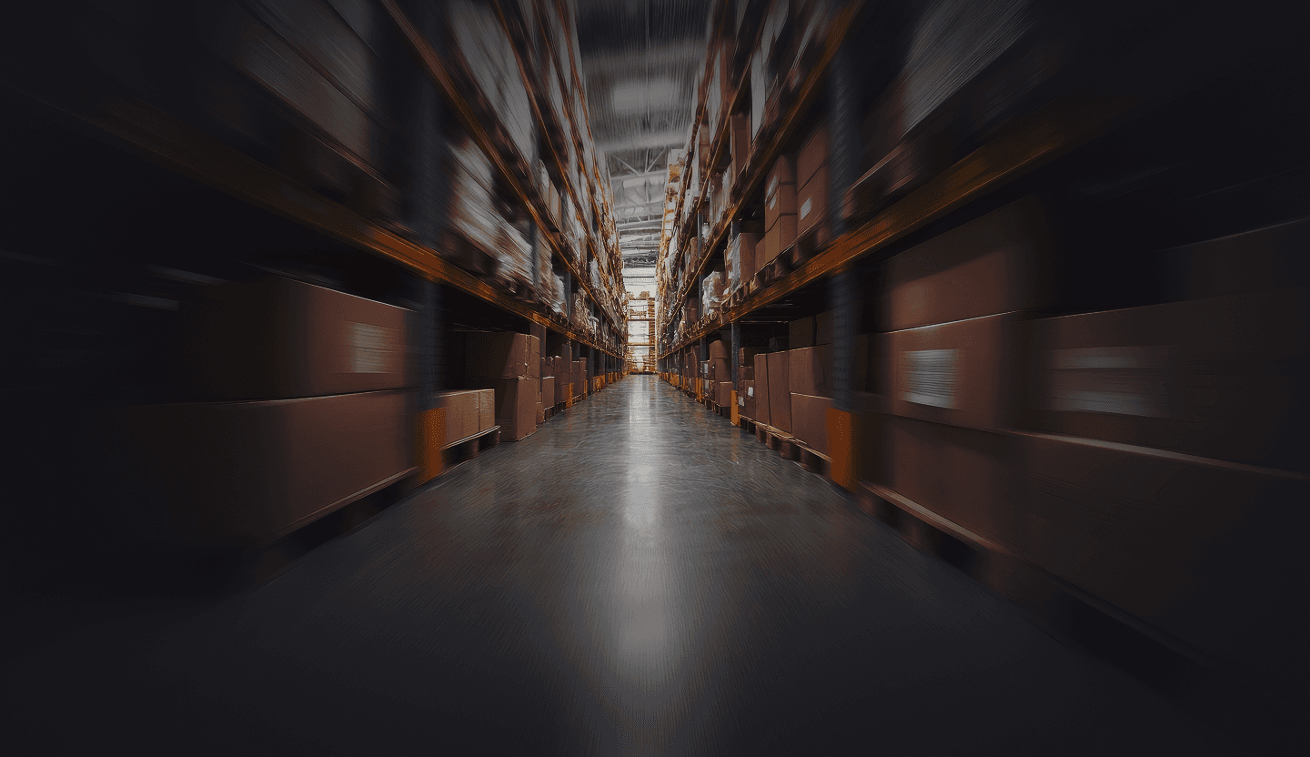 A dark warehouse aisle with tall shelves stacked with brown cardboard boxes, featuring a motion blur effect.