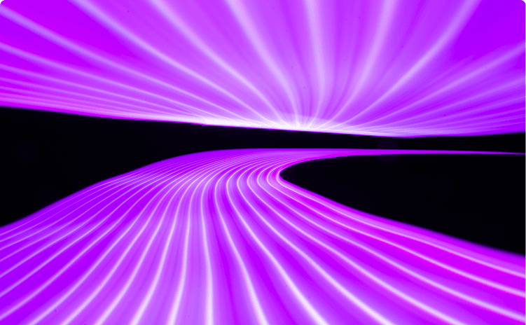 Glowing purple neon light streaks curve along a dark black background, radiating outward like a futuristic highway or energy beam.