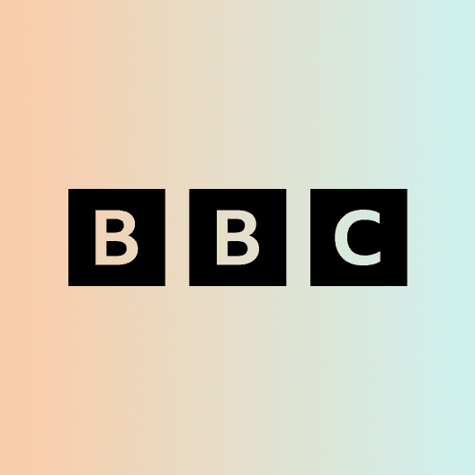 BBC logo on orange and sea foam background