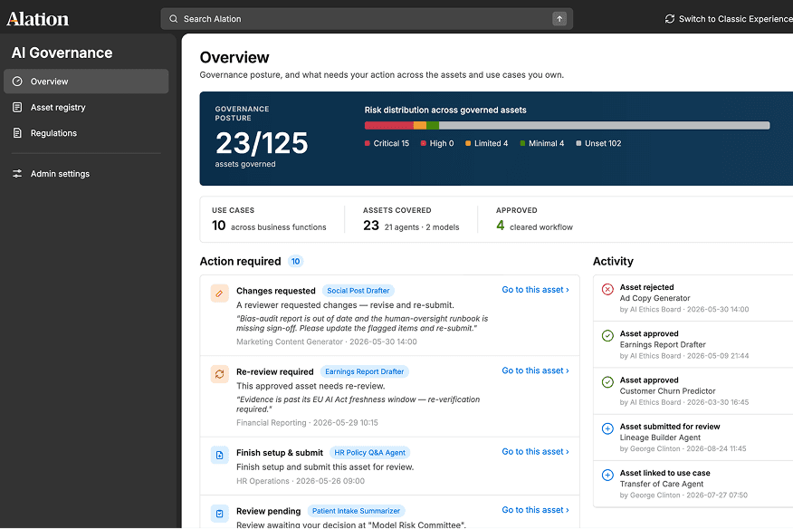 Alation AI Governance dashboard showing overview with governance posture, risk distribution, action items, and recent activity feed.