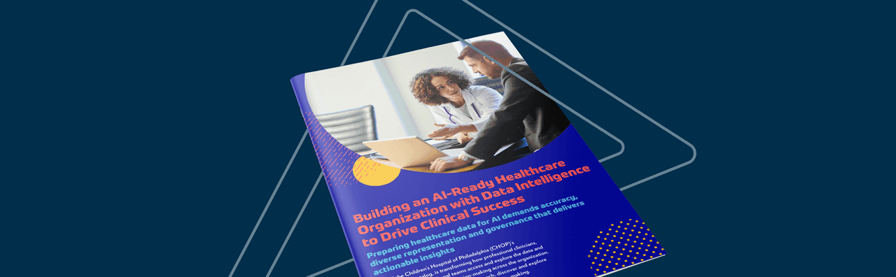 Healthcare brochure with purple cover showing professionals discussing documents, titled "Building an AI-Ready Healthcare Organization"