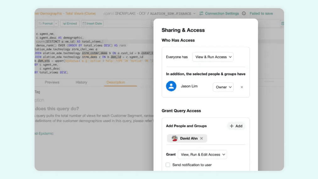 Product image of how Alation Compose enables users to collaborate with others seamlessly