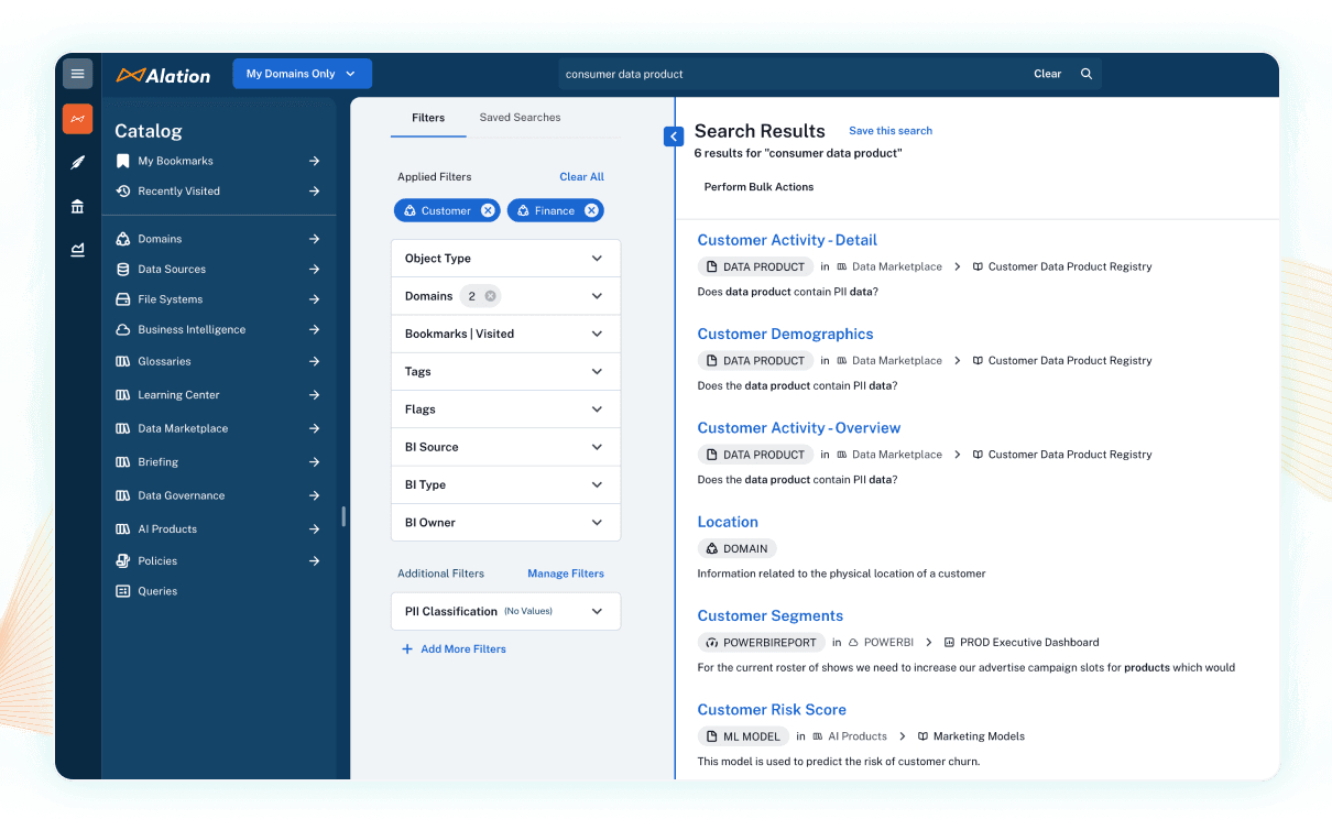 Alation’s universal search in action, showcasing natural language queries
