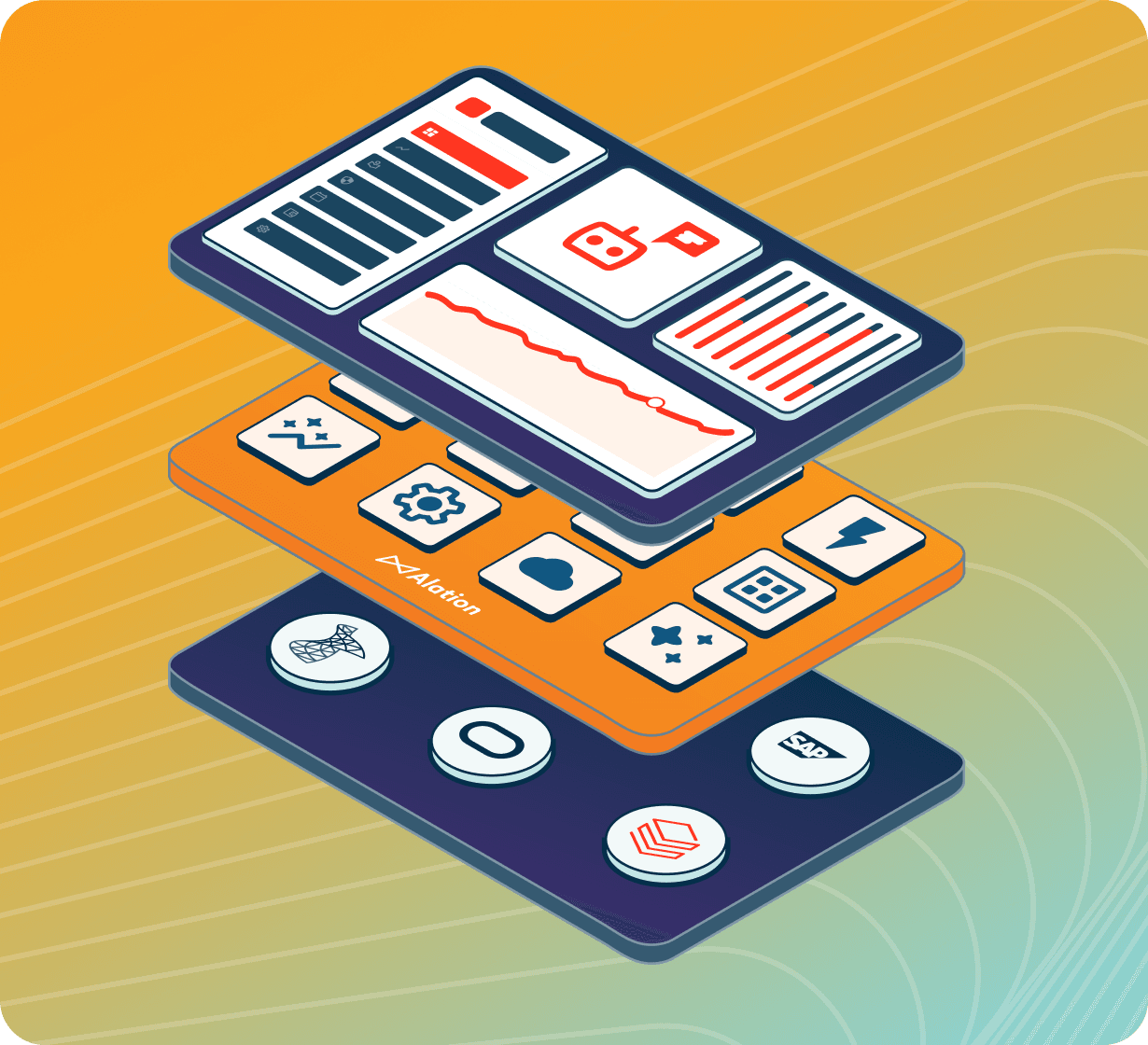 Isometric illustration of layered app interface with dashboard elements, charts, and icons on orange-green gradient background.