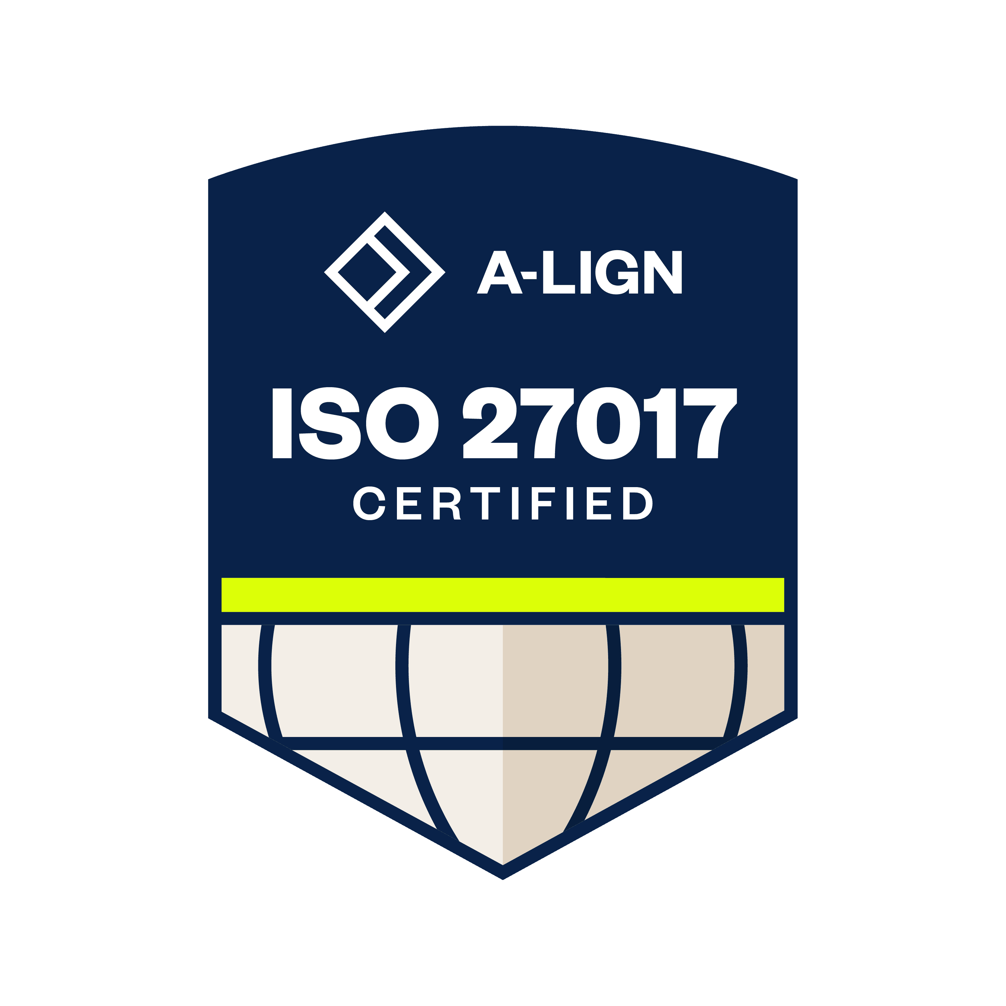A-LIGN ISO 27017 Certified badge, navy blue shield with globe graphic and yellow stripe.