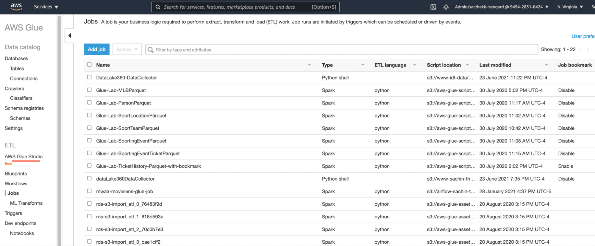 AWS Glue Console’s interface