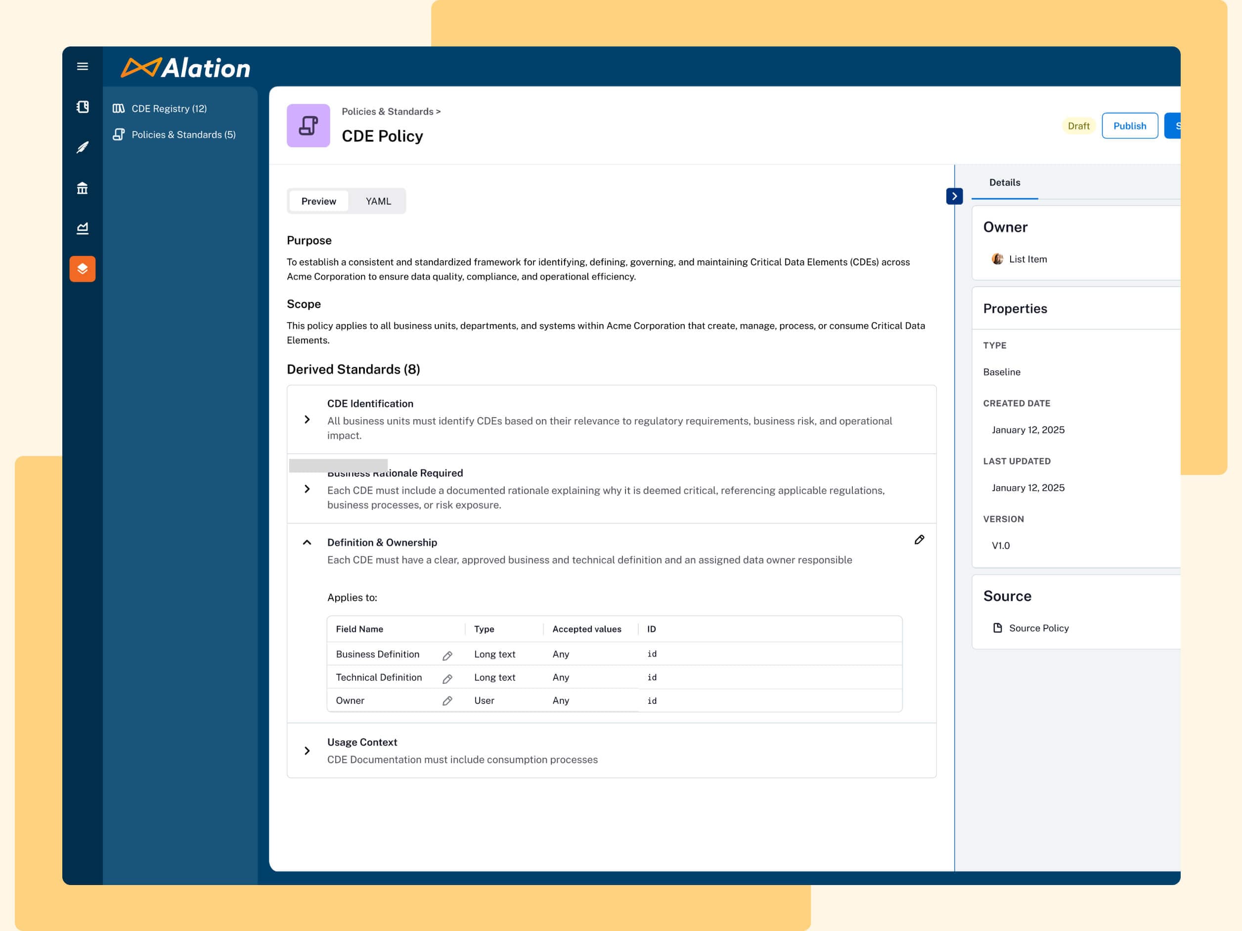 Alation CDE Policy interface showing framework details for Critical Data Elements with purpose, scope, and standards sections.
