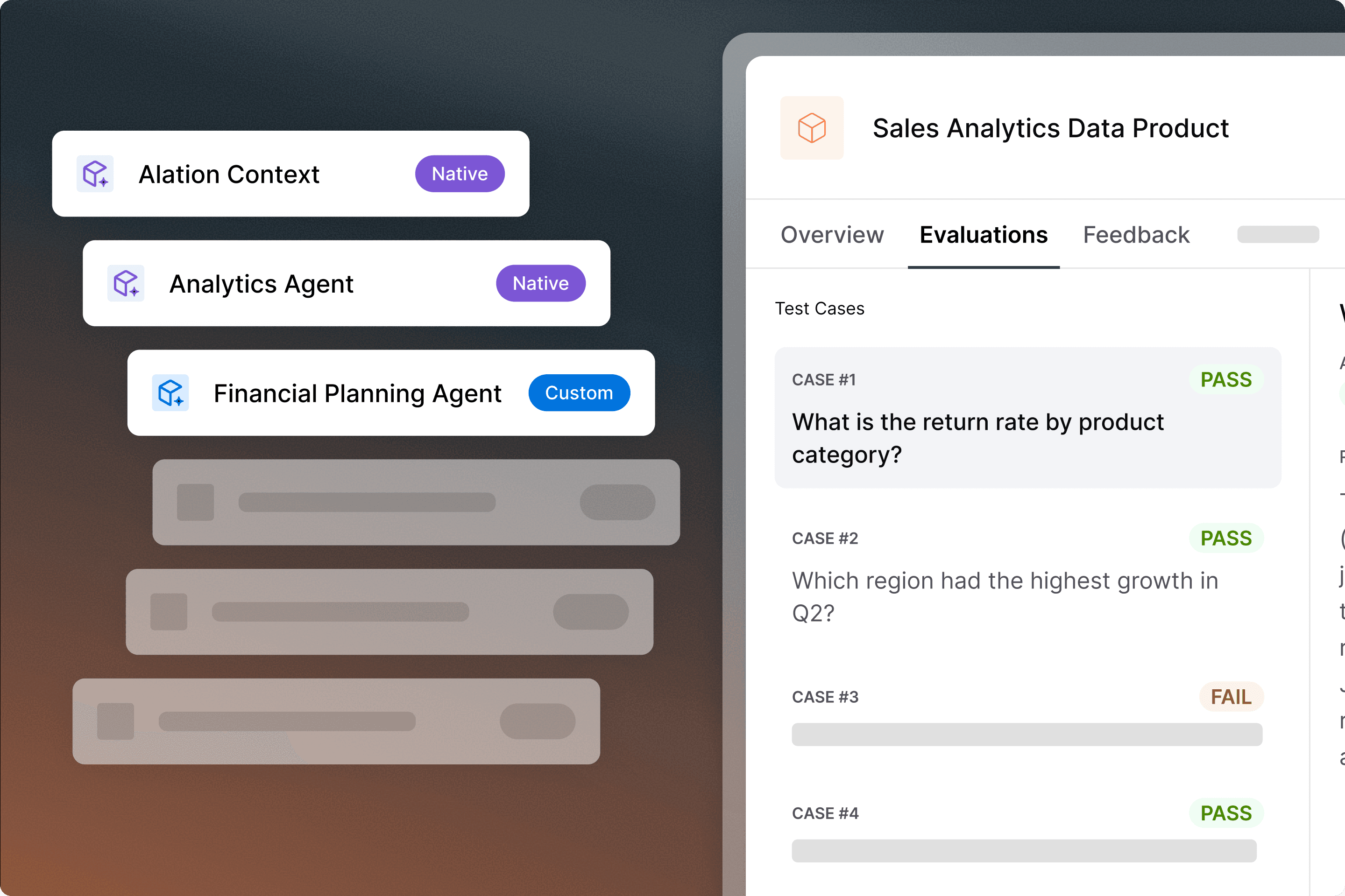 UI showing AI agents list and Sales Analytics Data Product evaluations panel with test cases marked PASS or FAIL.