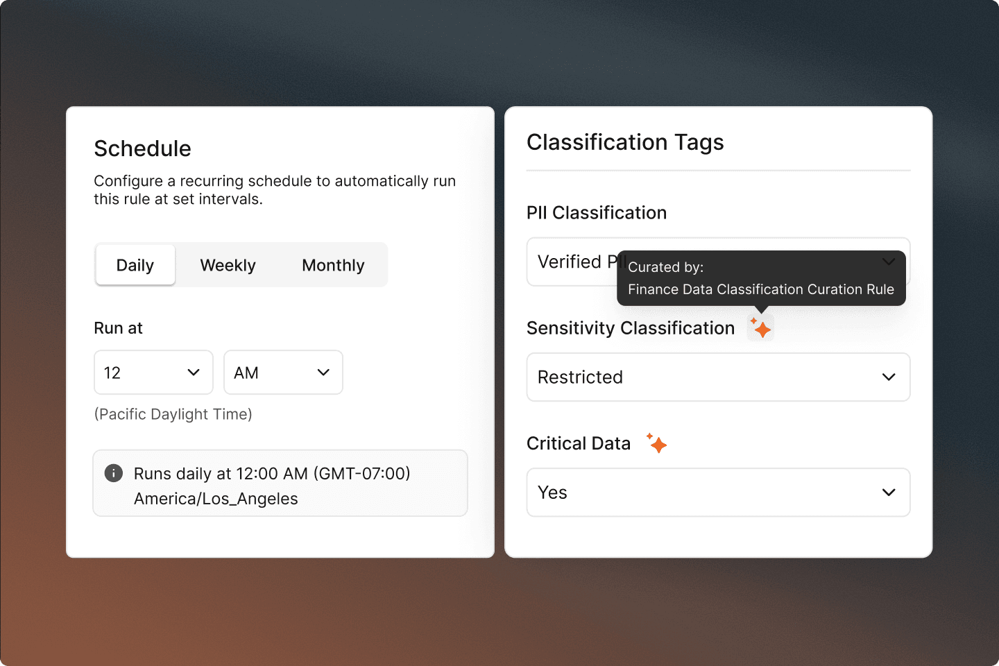 UI screenshot showing Schedule settings with daily run at 12 AM and Classification Tags panel with PII, Sensitivity, and Critical Data fields.