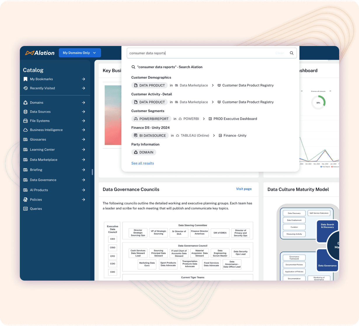 Product image of the Alation Data Catalog and how it enables users to search more specifically