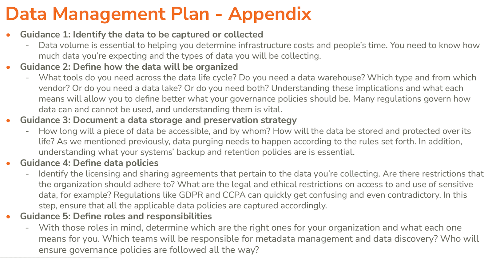 Key steps to create a data lifecycle management plan in a data catalog.