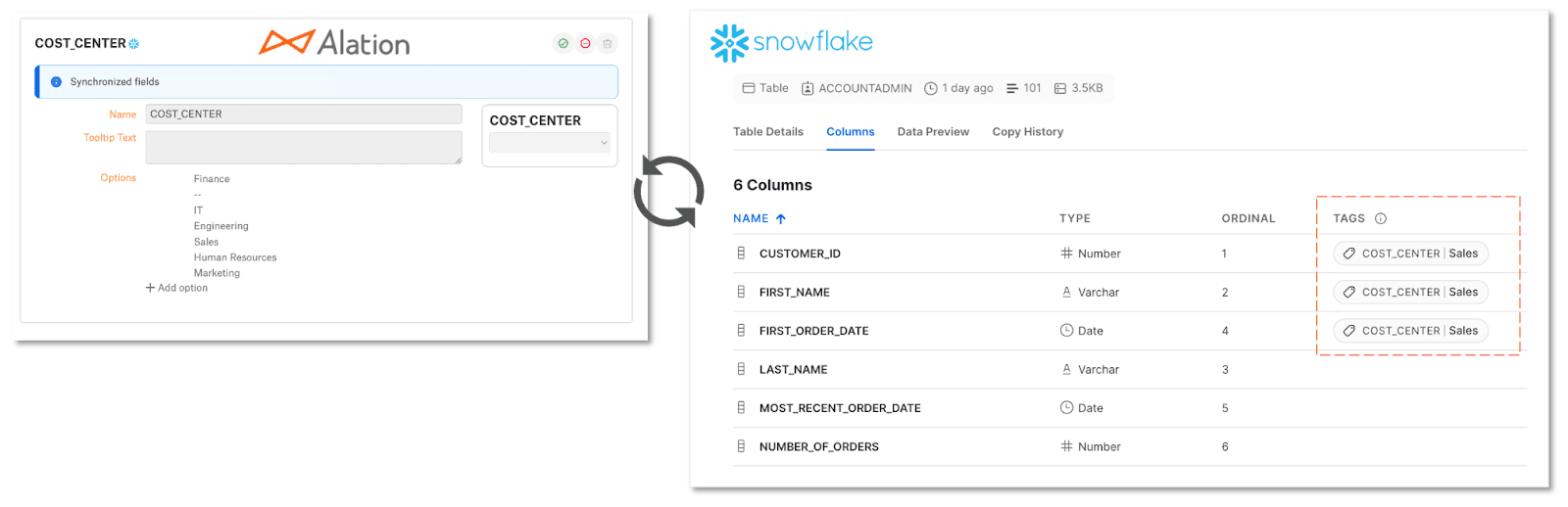 Figure 10. Alation enables association of Snowflake tags with Snowflake objects from within Alation