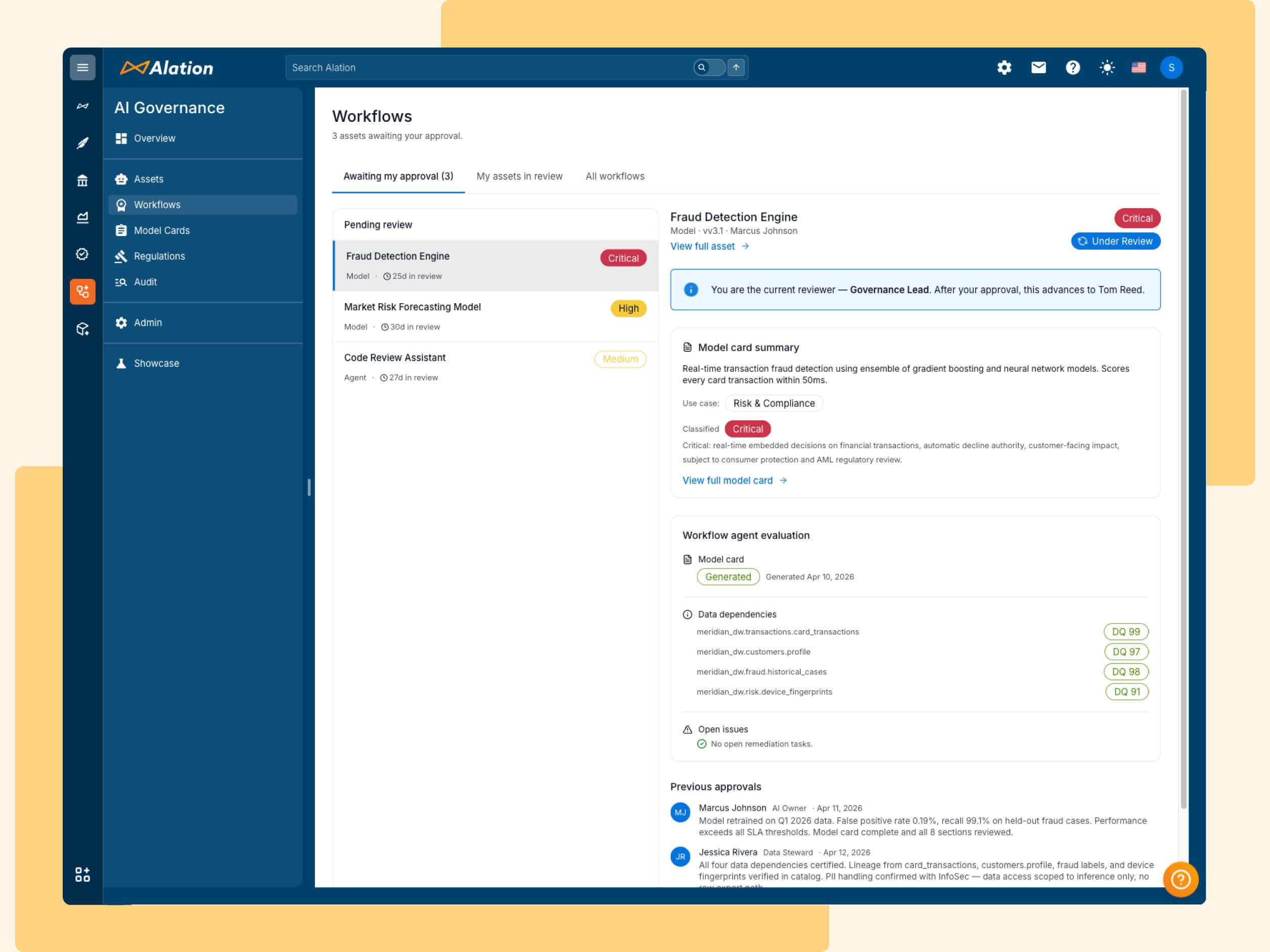 Alation AI Governance platform showing a Workflows page with a Fraud Detection Engine model card marked as Critical and Under Review.