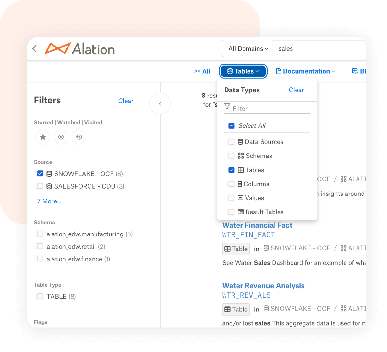 Screenshot of Alation's Search Function for advanced searches 