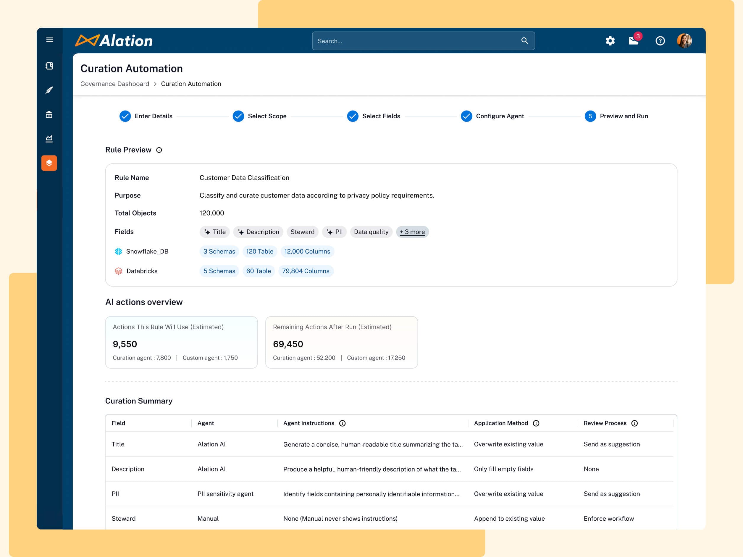 Alation Curation Automation dashboard showing rule preview for customer data classification with workflow steps and AI actions summary.