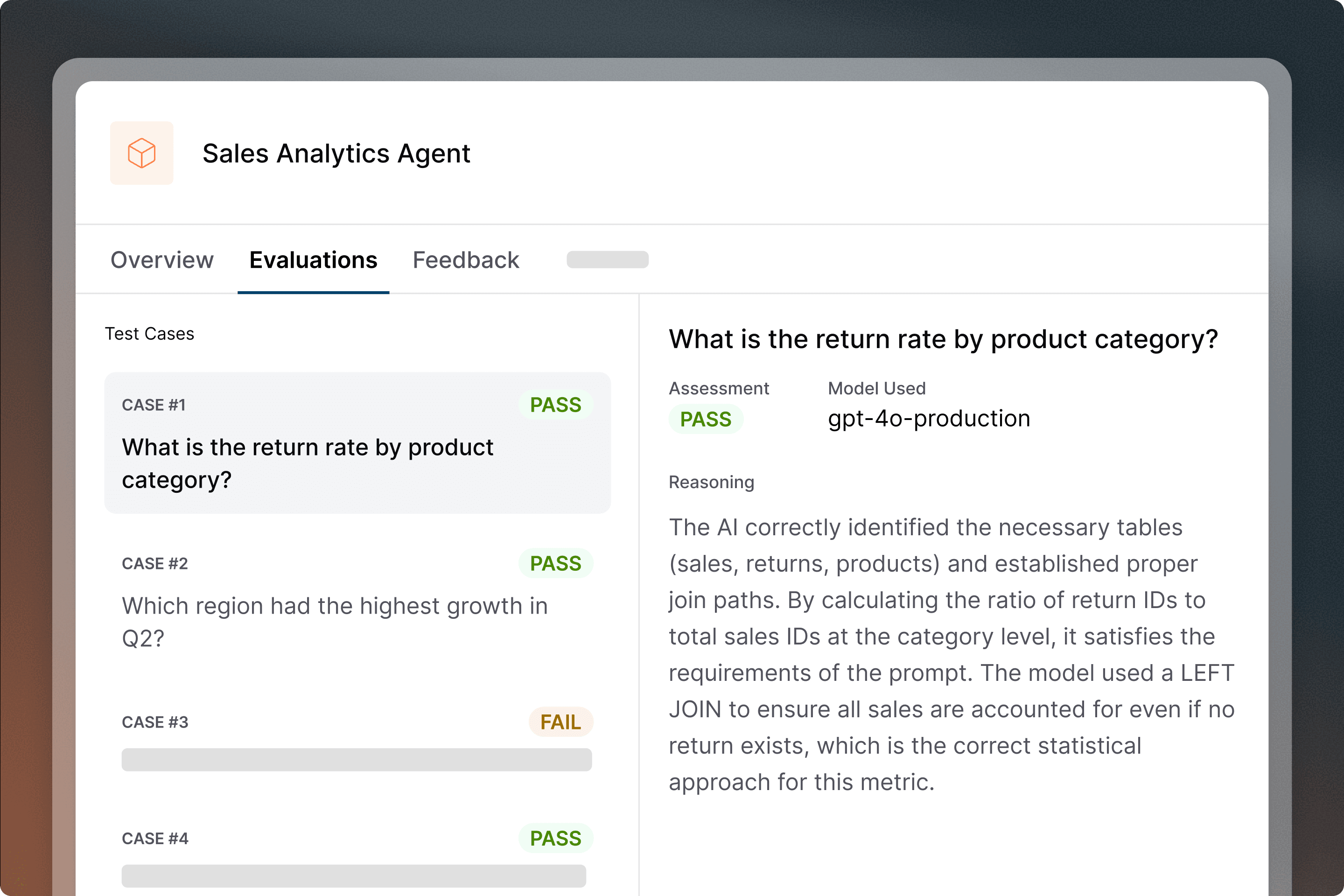 Sales Analytics Agent evaluation dashboard showing test cases with pass/fail results and AI reasoning details.