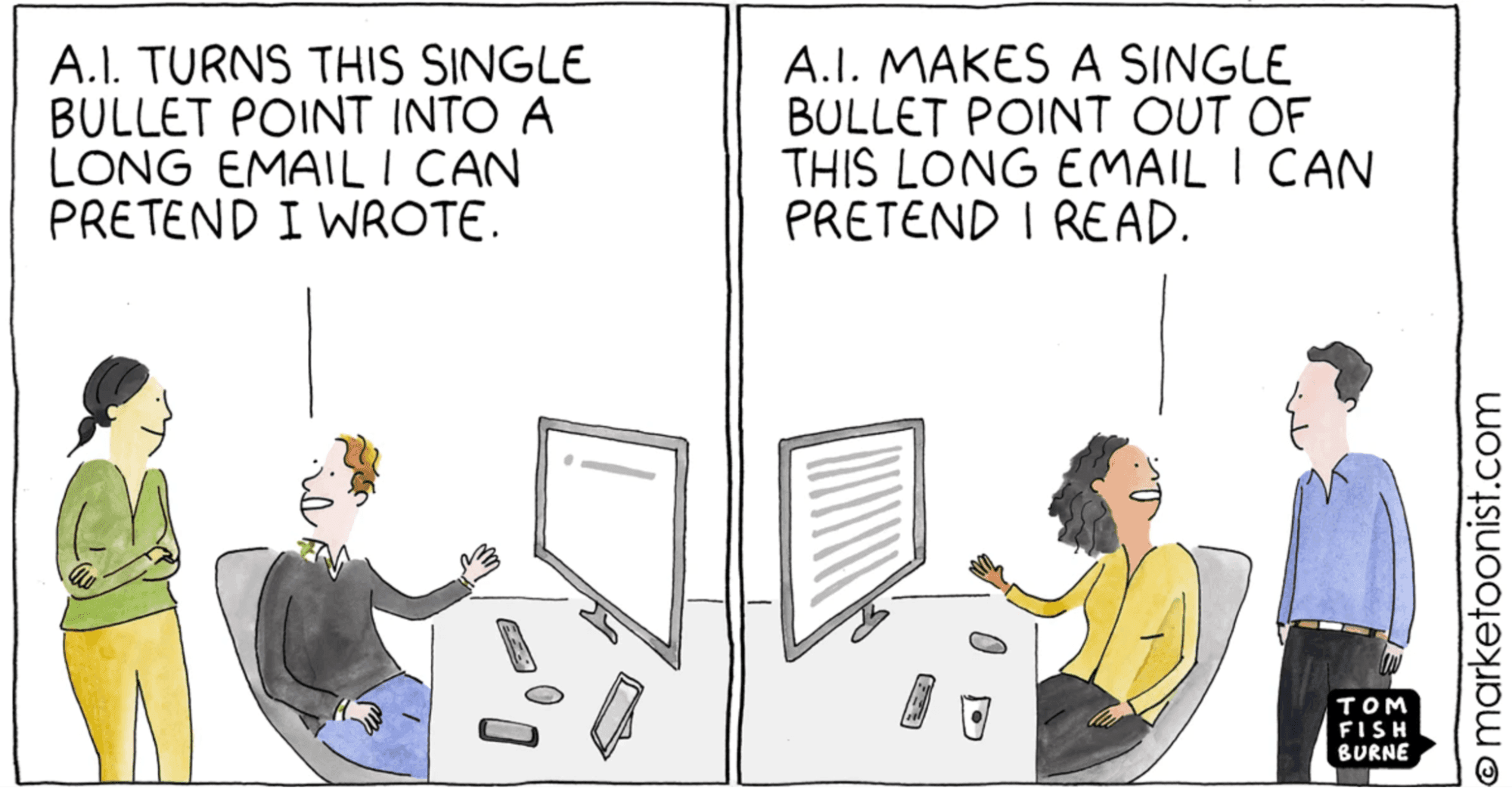 Tom Fishburne cartoon: AI both writes overlong and summarizes emails