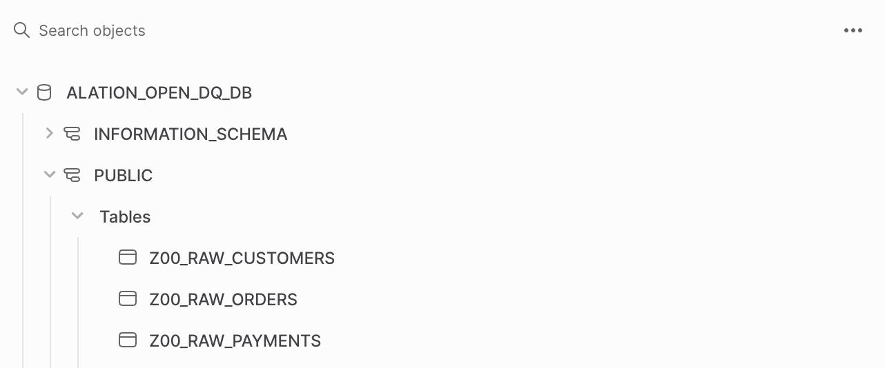 Snowflake interface showing three raw tables for this use case